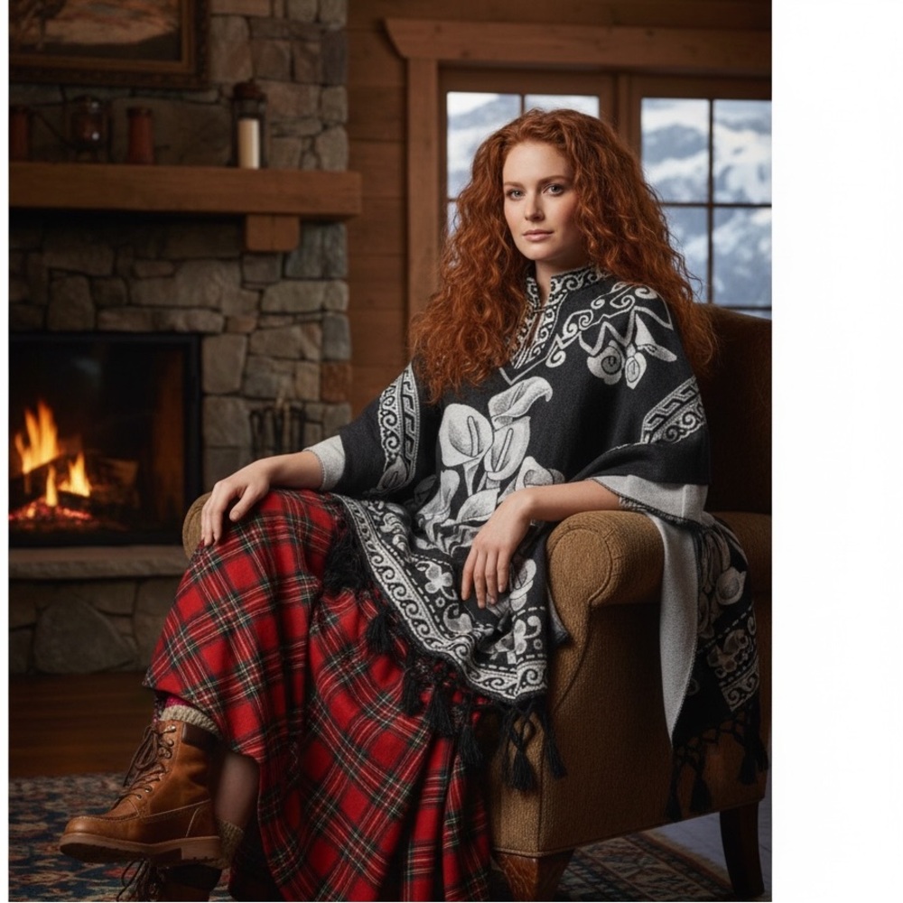 Textiles Charcoal White Calla Lily Fringed Poncho Cape Size OS